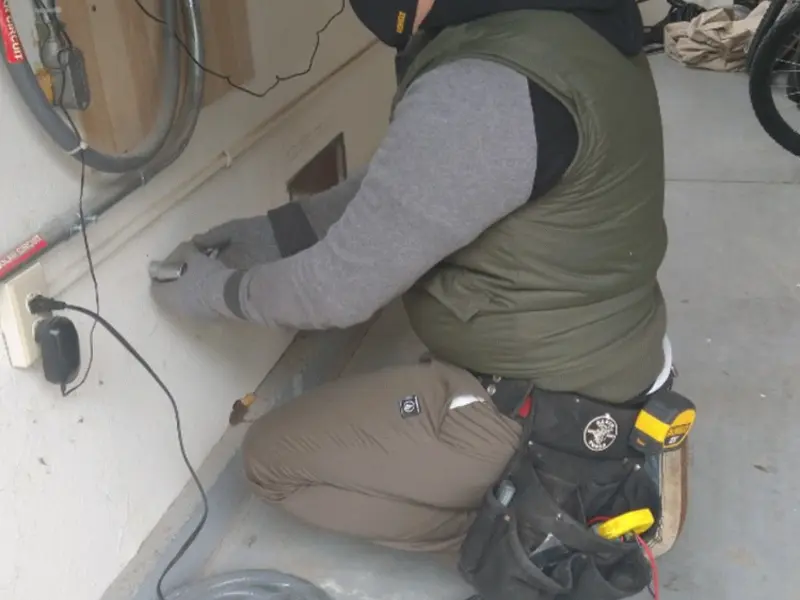 Electrician performing outlet wiring in a Spring Valley garage
